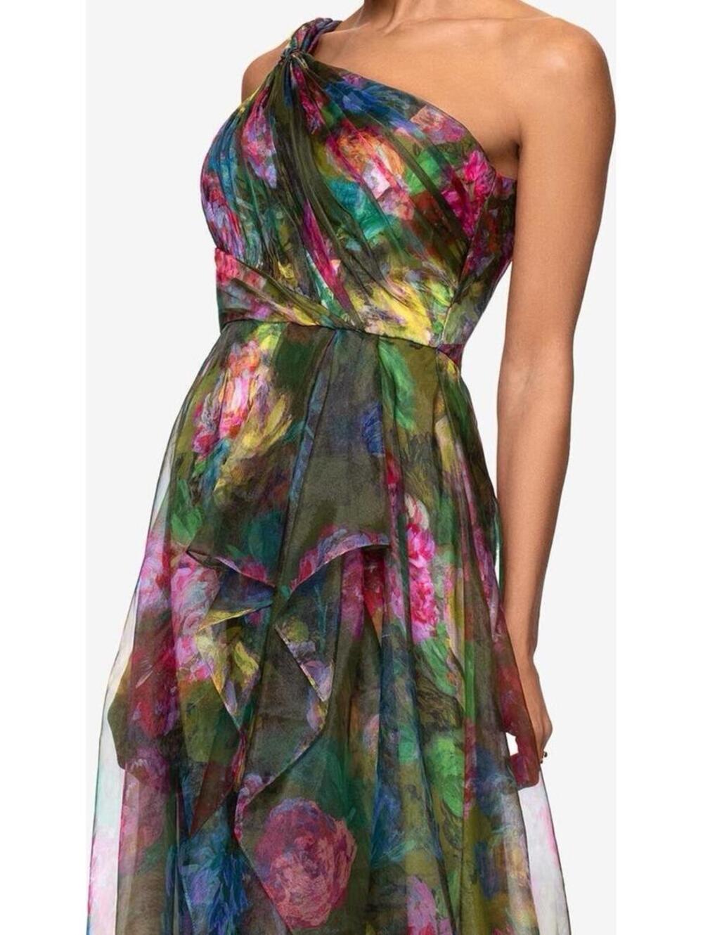 New Xscape Evenings One-Shoulder Floral Organza Gown In Green/ Multi Sz 8 $298 - Picture 3 of 13